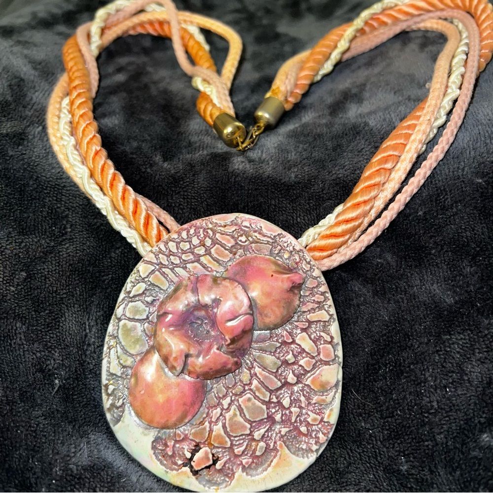 Elegant Floral Signed Ceramic Multicolor Pendant Necklace